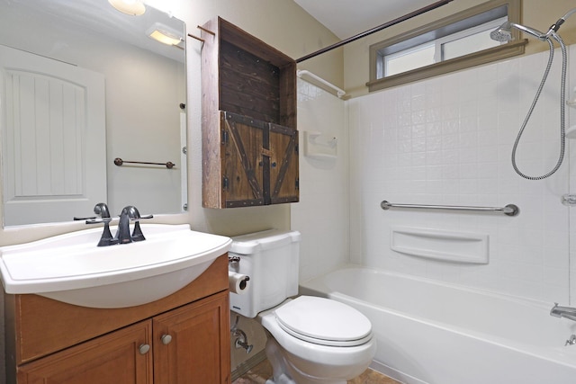 full bathroom with bathtub / shower combination, vanity, and toilet