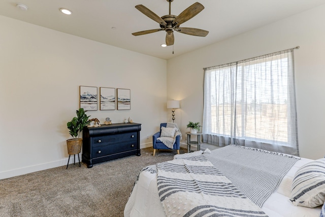 bedroom featuring a ceiling fan, carpet, baseboards, and recessed lighting