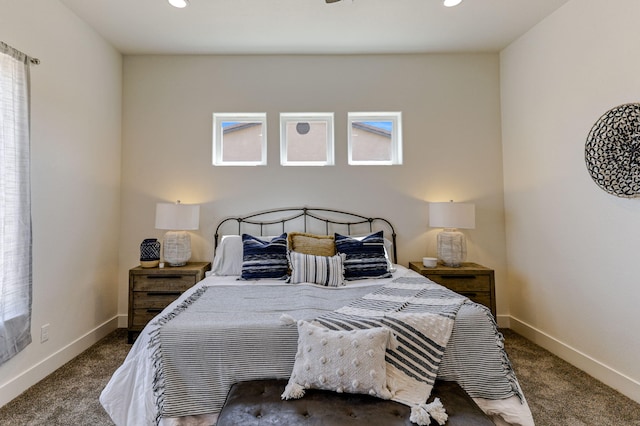 bedroom with recessed lighting, carpet, and baseboards