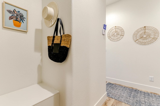 mudroom with baseboards and wood finished floors