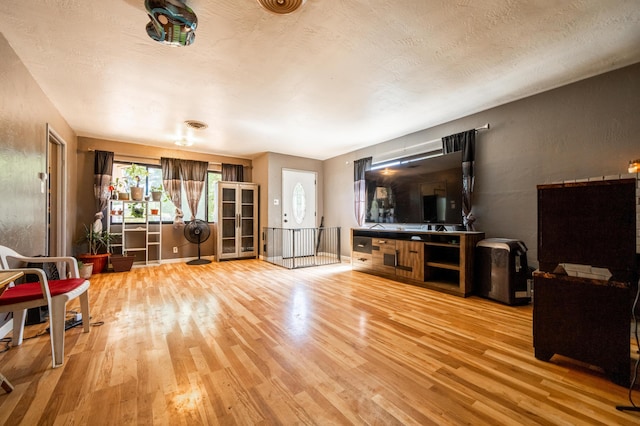 living room featuring light wood finished floors and a textured ceiling