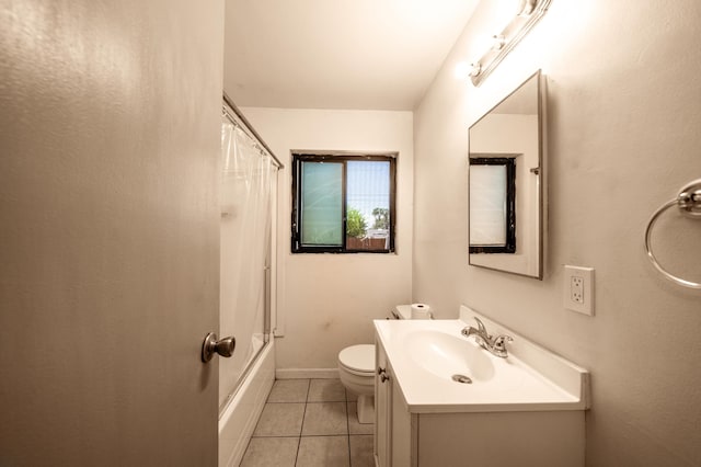 bathroom with toilet, tile patterned flooring, shower / bath combination with curtain, and vanity