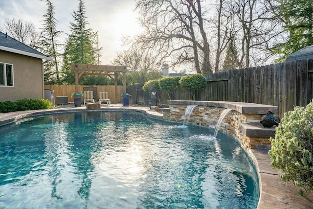 view of swimming pool with a fenced backyard, a fenced in pool, and a pergola