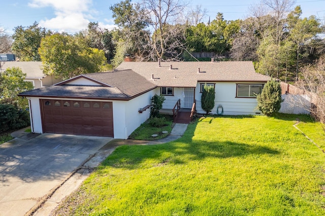 single story home featuring a garage, fence, concrete driveway, crawl space, and a front yard