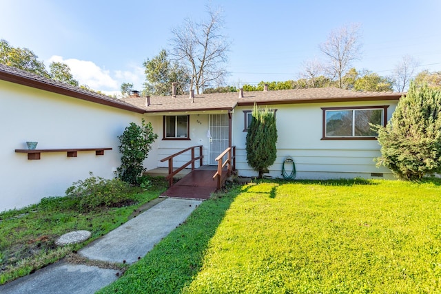 single story home with crawl space, a front lawn, and stucco siding