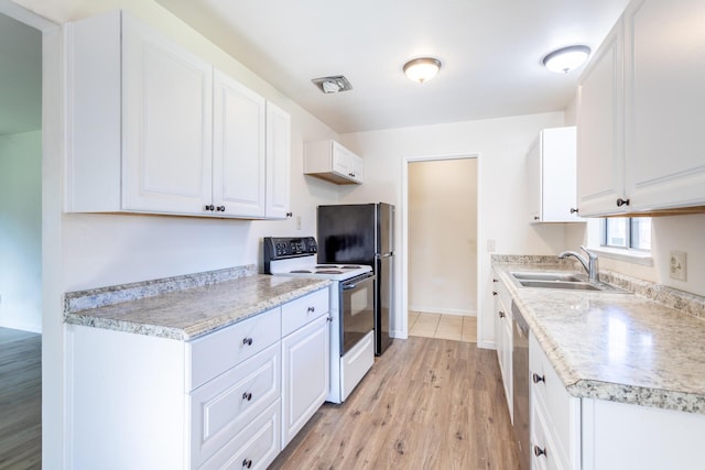 kitchen featuring a sink, light wood-style floors, white cabinetry, and white electric range