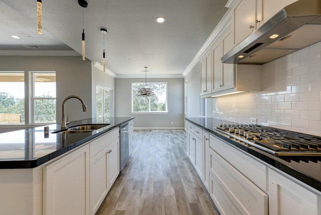 20038 Pride Mountain Ct, Anderson, CA 96007 - kitchen with under cabinet range hood, a sink, appliances with stainless steel finishes, tasteful backsplash, and crown molding