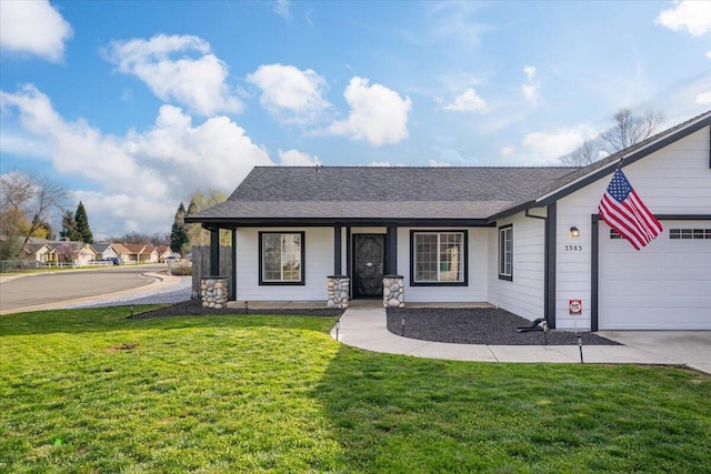 single story home featuring a garage, roof with shingles, and a front lawn