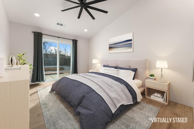 bedroom with light wood finished floors, visible vents, access to exterior, vaulted ceiling, and recessed lighting