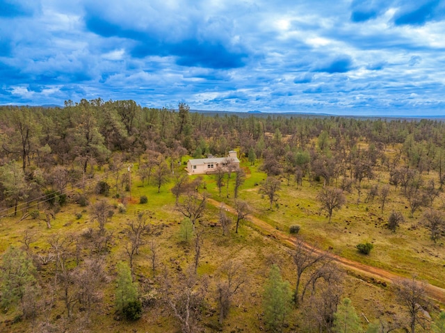 drone / aerial view featuring a forest view