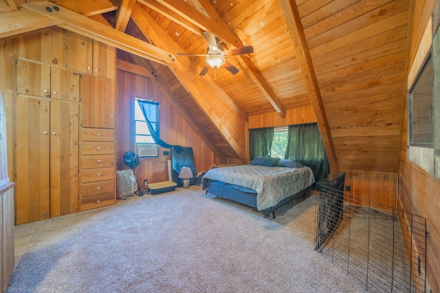 carpeted bedroom featuring vaulted ceiling with beams, multiple windows, wood walls, and wooden ceiling