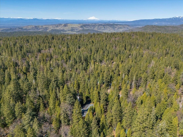 drone / aerial view featuring a mountain view and a view of trees