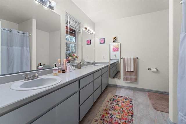 bathroom featuring baseboards, double vanity, and a sink