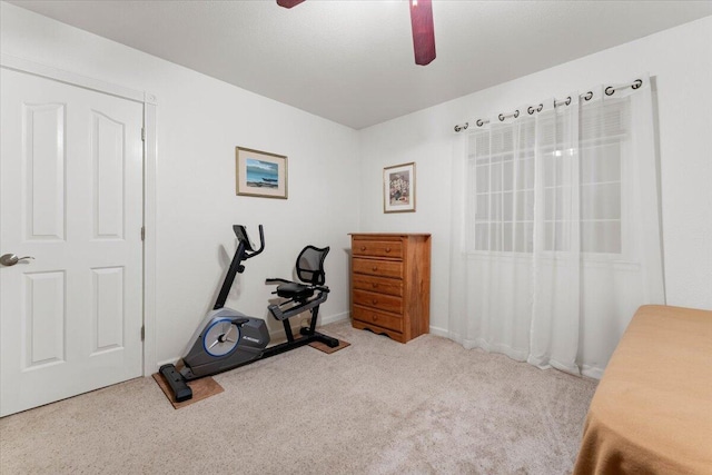 workout area with a ceiling fan and carpet floors