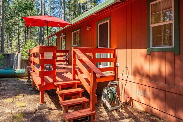 view of play area with a deck