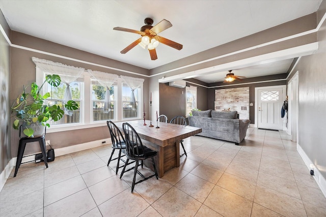 dining area featuring light tile patterned floors, a wall mounted AC, a ceiling fan, and baseboards