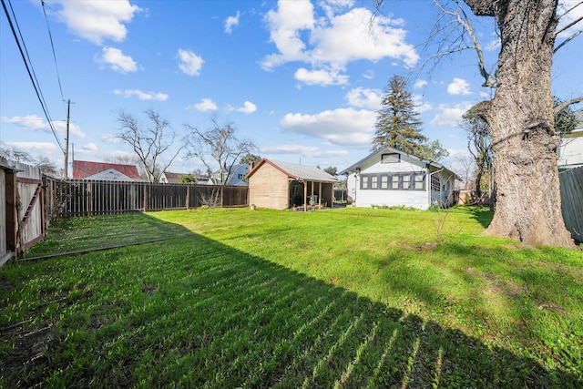 view of yard with an outdoor structure and a fenced backyard