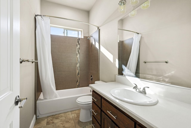 bathroom featuring toilet, shower / bath combo, and vanity