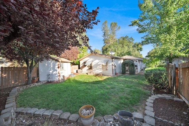 view of yard with an outbuilding and a fenced backyard