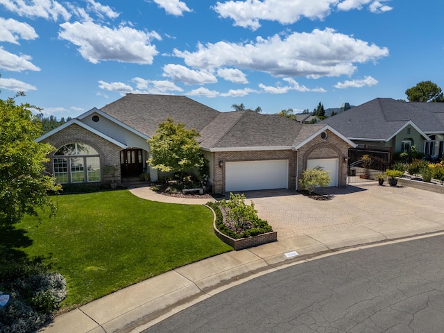 2266 Everest Dr, Redding, CA 96001 - view of front of house featuring a garage, brick siding, driveway, a front lawn, and a shingled roof