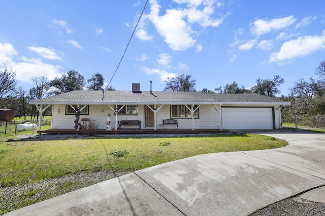 single story home with driveway, a porch, an attached garage, central AC, and a front lawn