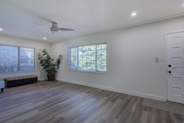 interior space featuring recessed lighting, baseboards, and wood finished floors