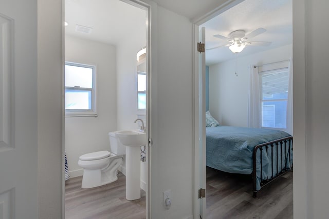 ensuite bathroom featuring wood finished floors, visible vents, ceiling fan, toilet, and connected bathroom