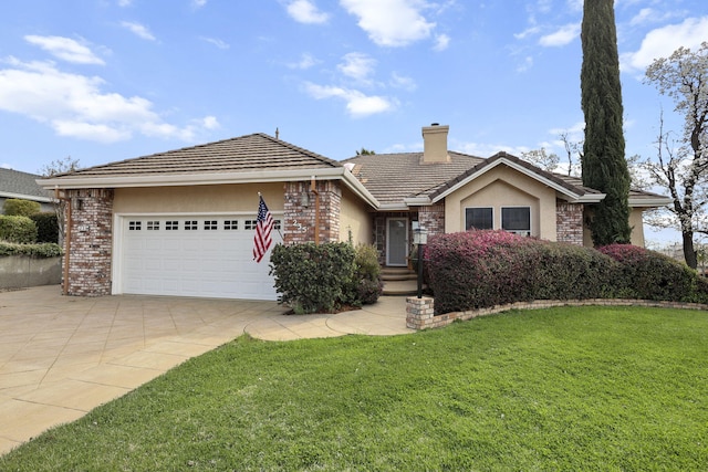 ranch-style house with a front yard, concrete driveway, brick siding, and a chimney