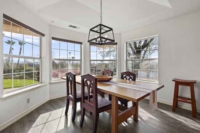 dining area featuring visible vents, baseboards, and dark wood-type flooring