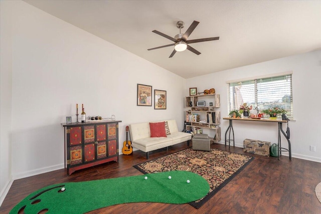 sitting room with wood finished floors, ceiling fan, and vaulted ceiling