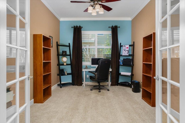 office area featuring crown molding, carpet flooring, french doors, and ceiling fan