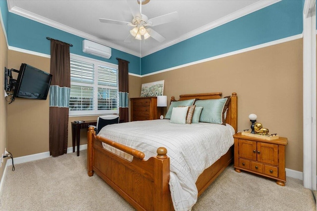 bedroom featuring a wall mounted air conditioner, baseboards, light carpet, and crown molding