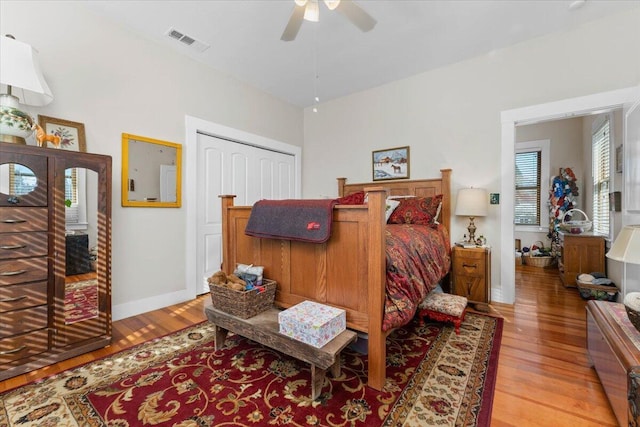 24894 Long St, Fall River Mills, CA 96028 - bedroom featuring light wood finished floors, baseboards, ceiling fan, and a closet
