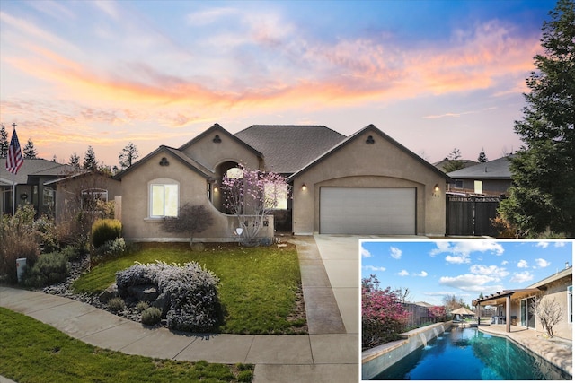 view of front of property with stucco siding, driveway, fence, a garage, and a fenced in pool