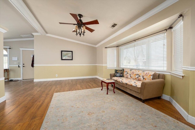 6040 Hornbeck Ln, Anderson, CA 96007 - living room with visible vents, ornamental molding, vaulted ceiling, wood finished floors, and a ceiling fan