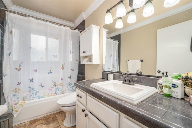 6040 Hornbeck Ln, Anderson, CA 96007 - bathroom featuring shower / tub combo, toilet, ornamental molding, and vanity