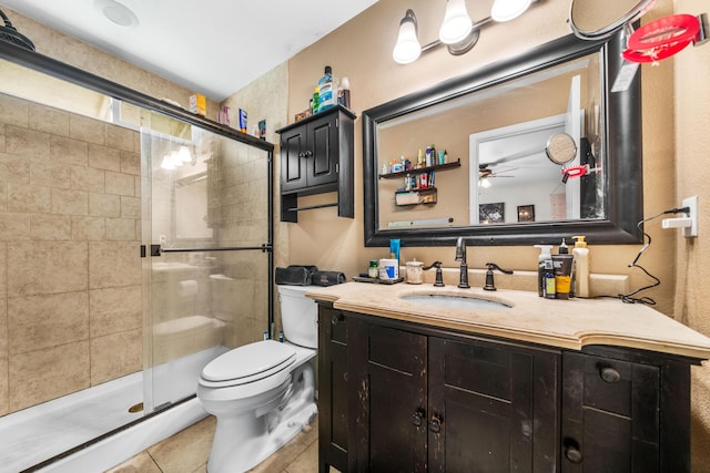 bathroom featuring tile patterned flooring, a shower stall, ceiling fan, toilet, and vanity