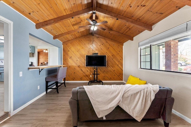 living area with lofted ceiling with beams, wood walls, light wood finished floors, baseboards, and wood ceiling