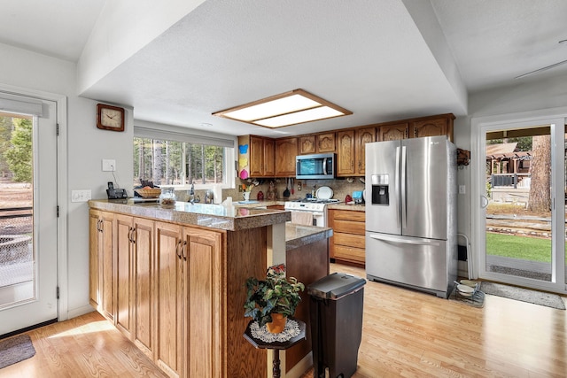 kitchen with light wood finished floors, a peninsula, stainless steel appliances, and a wealth of natural light