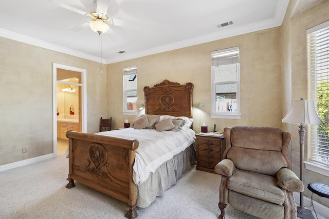 bedroom featuring visible vents, baseboards, light colored carpet, and ornamental molding