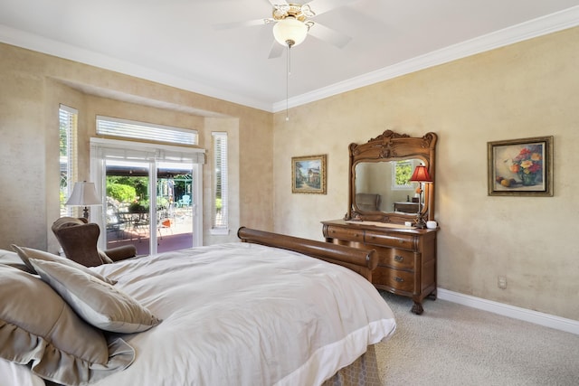 bedroom with baseboards, ornamental molding, carpet flooring, and access to outside