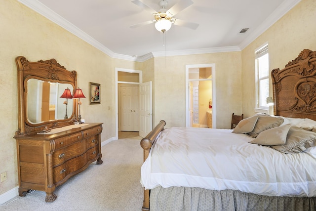 bedroom with visible vents, light carpet, baseboards, and crown molding