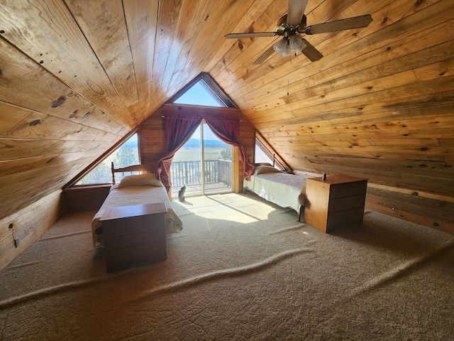 unfurnished bedroom with access to exterior, wooden walls, wooden ceiling, and vaulted ceiling