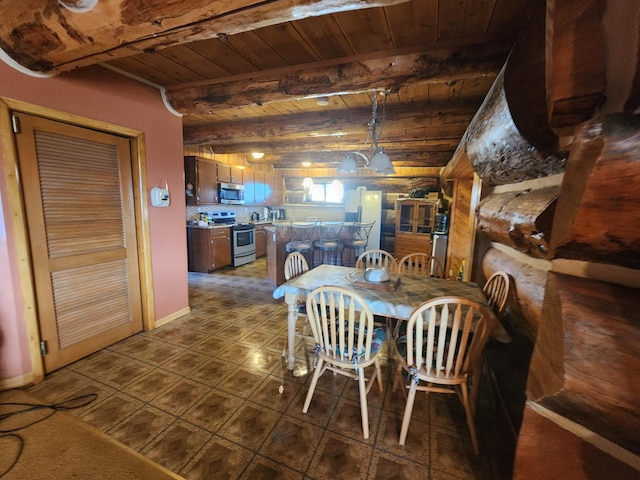 dining space featuring beamed ceiling and wood ceiling