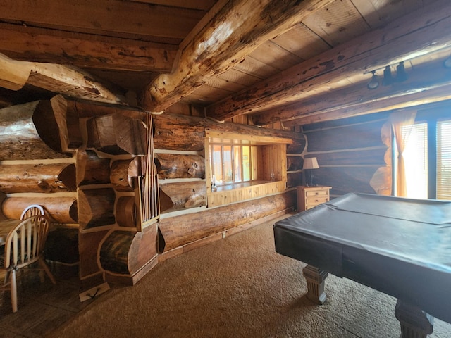 recreation room featuring beamed ceiling, log walls, wood ceiling, and pool table