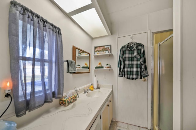 full bathroom with vanity and a shower stall