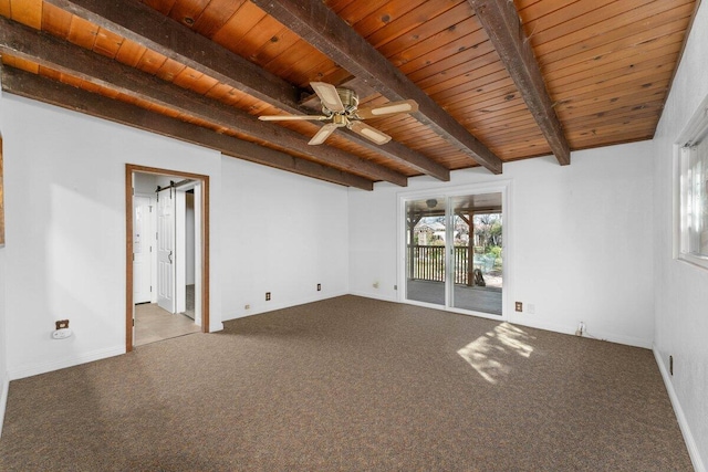 carpeted spare room featuring ceiling fan, baseboards, beam ceiling, and wooden ceiling