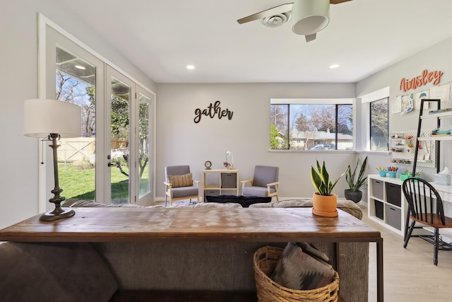 home office with recessed lighting, ceiling fan, and wood finished floors