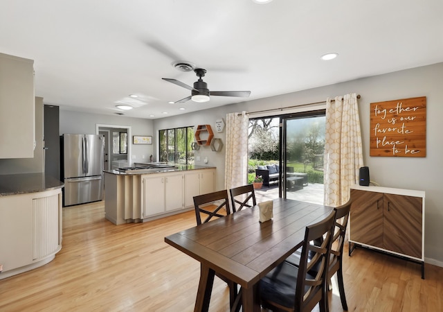 dining area with recessed lighting, light wood-type flooring, visible vents, and a ceiling fan