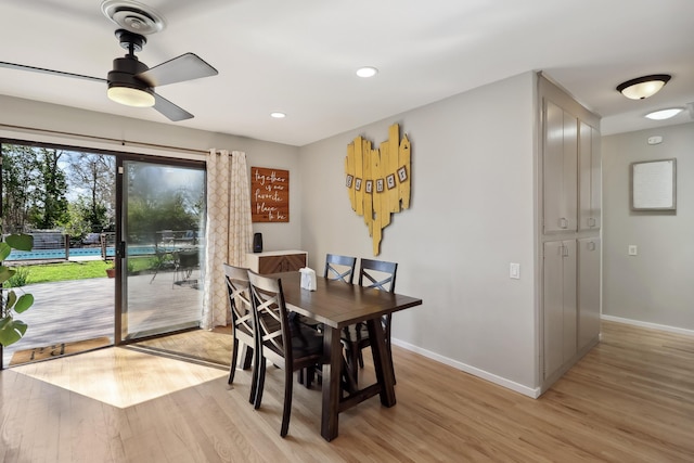 dining area featuring light wood-style flooring, recessed lighting, a ceiling fan, and baseboards